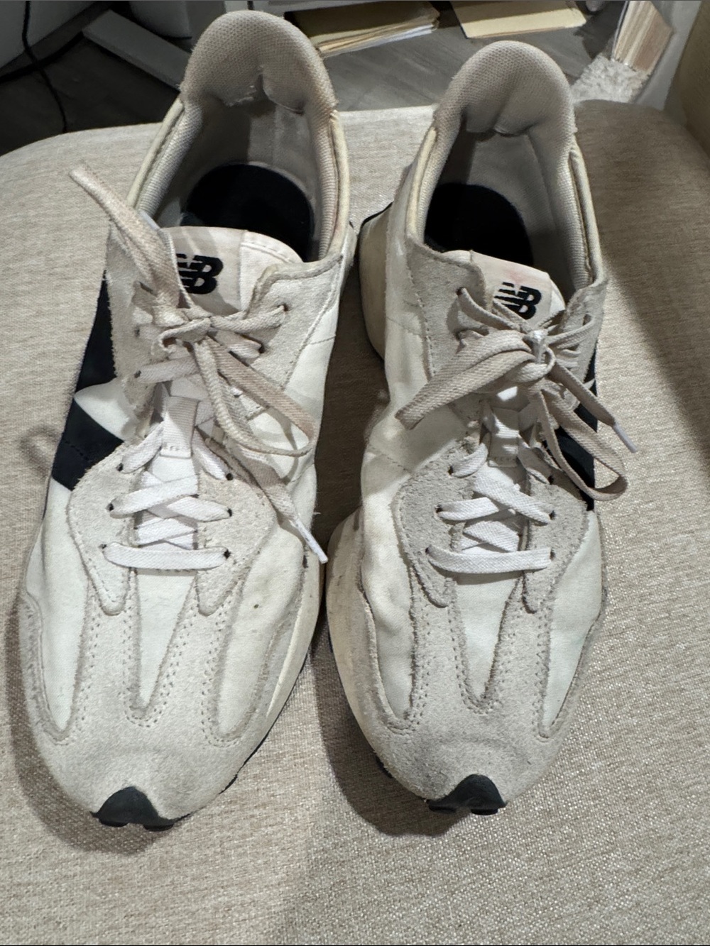 New Balance Men’s Cream Sneakers with Black Accents